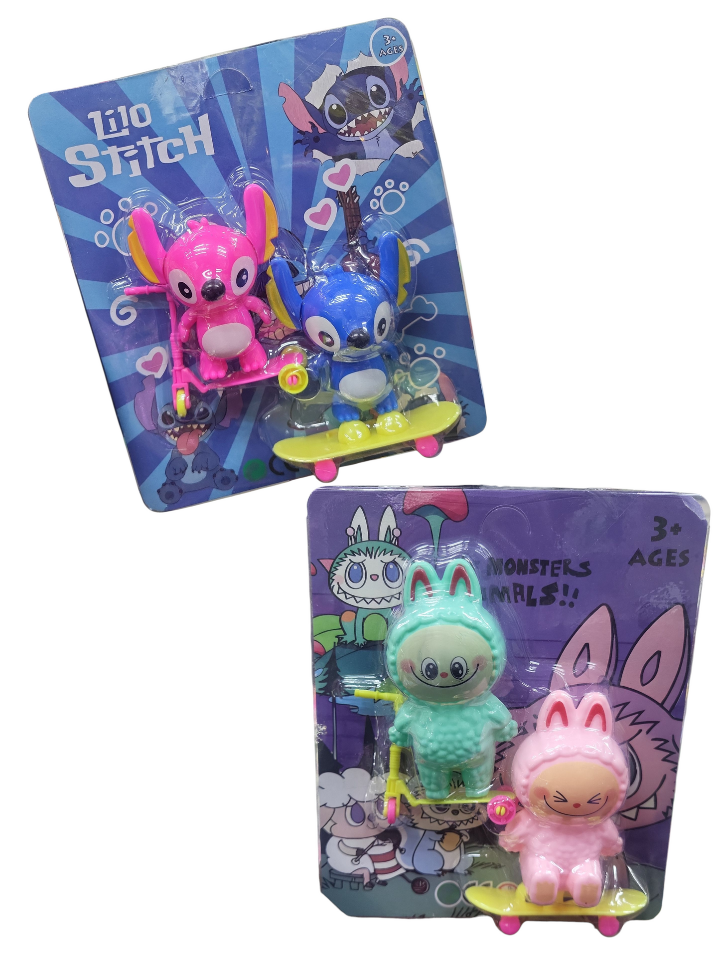 blister labubu y stich patineta