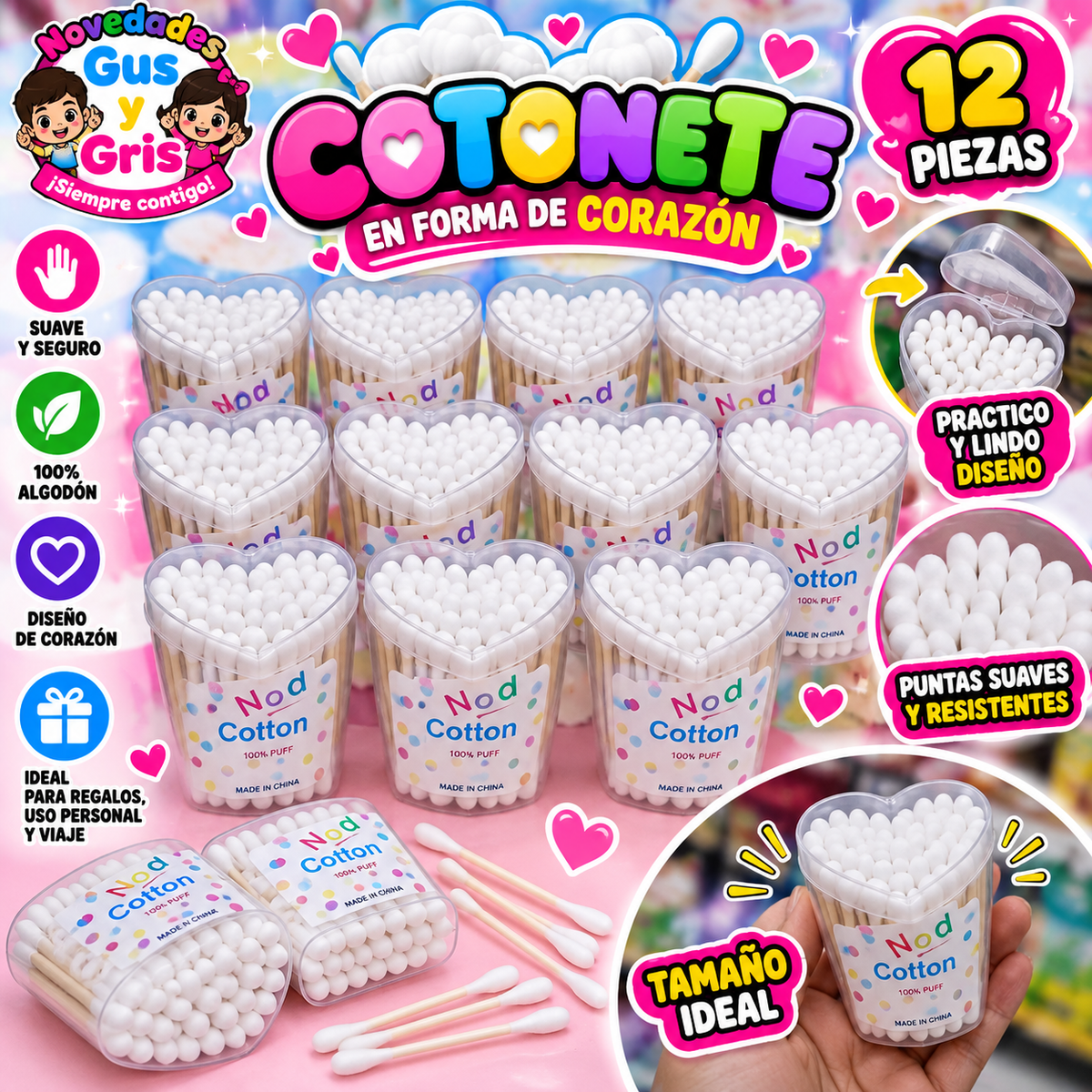 Cotonete corazon con 12  ve-0016B