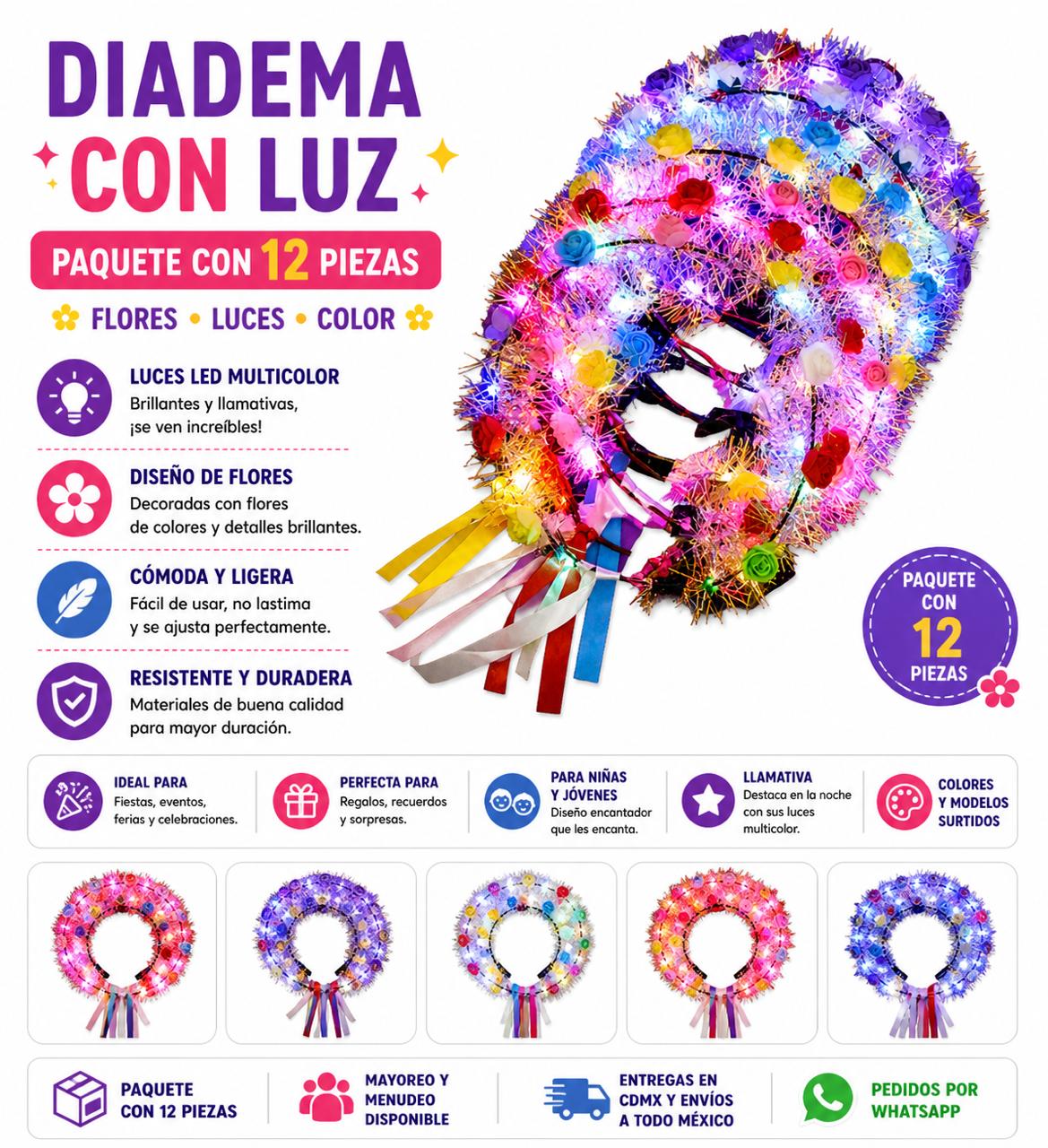 Diadema de flores con luz 12pz