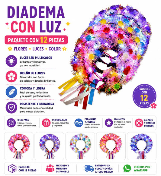 Diadema de flores con luz 12pz