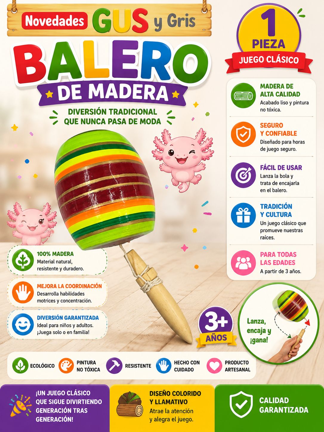 balero de madera mediano artesanal