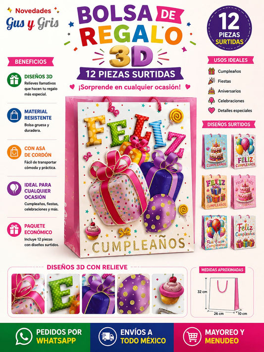 Bolsa de regalo. Feliz cumpleaños 3D con 12   te-0532D