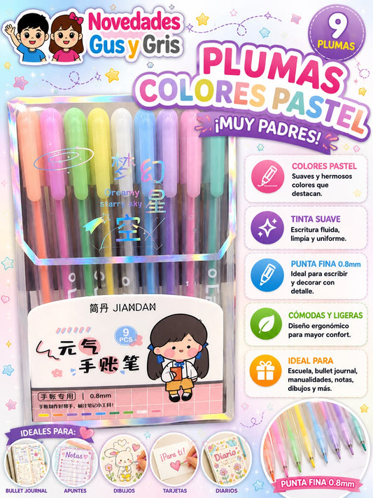 pluma colores pastel con 9 pzs