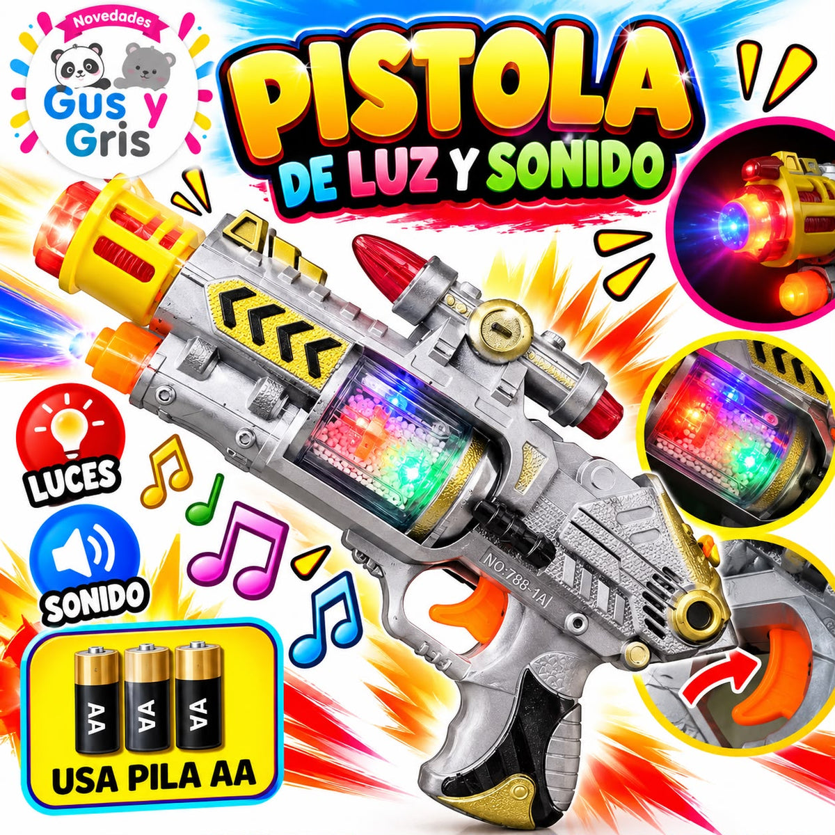 1 Pistola Naranja Cromada Luz Y Sonido H-1