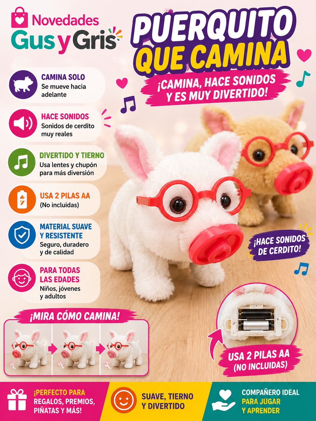 puerquito con lentes de pilas
