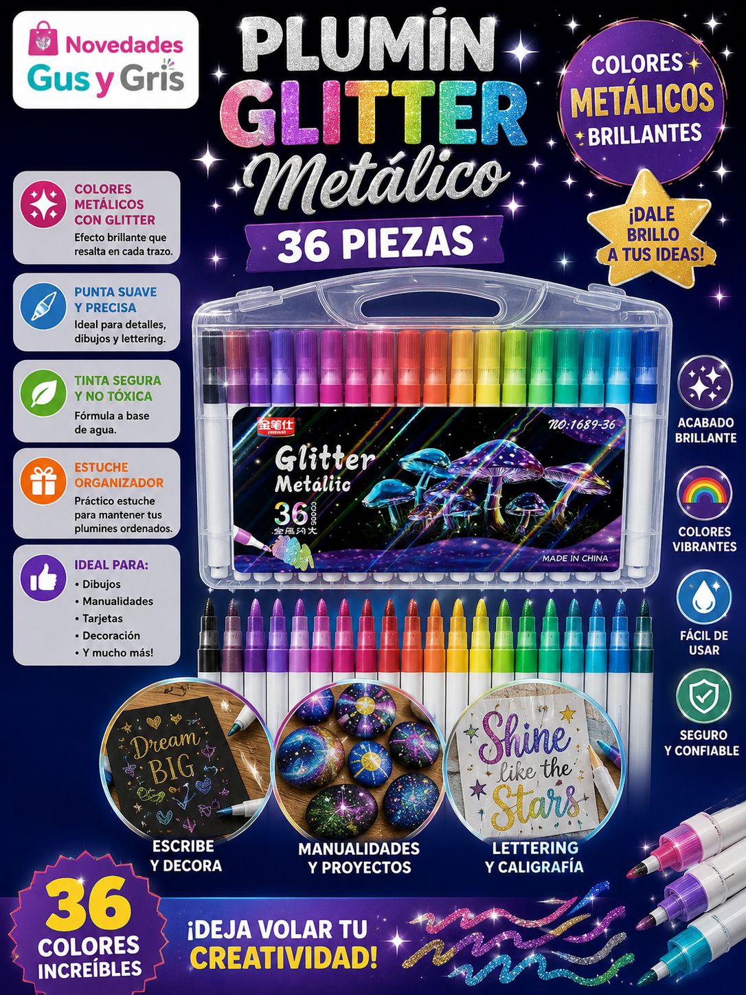 plumin gliter metalico estuche con 36