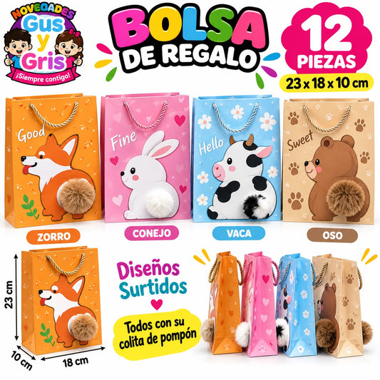 bolsa regalo animales ponpon con 12 piezas te-0524f-103