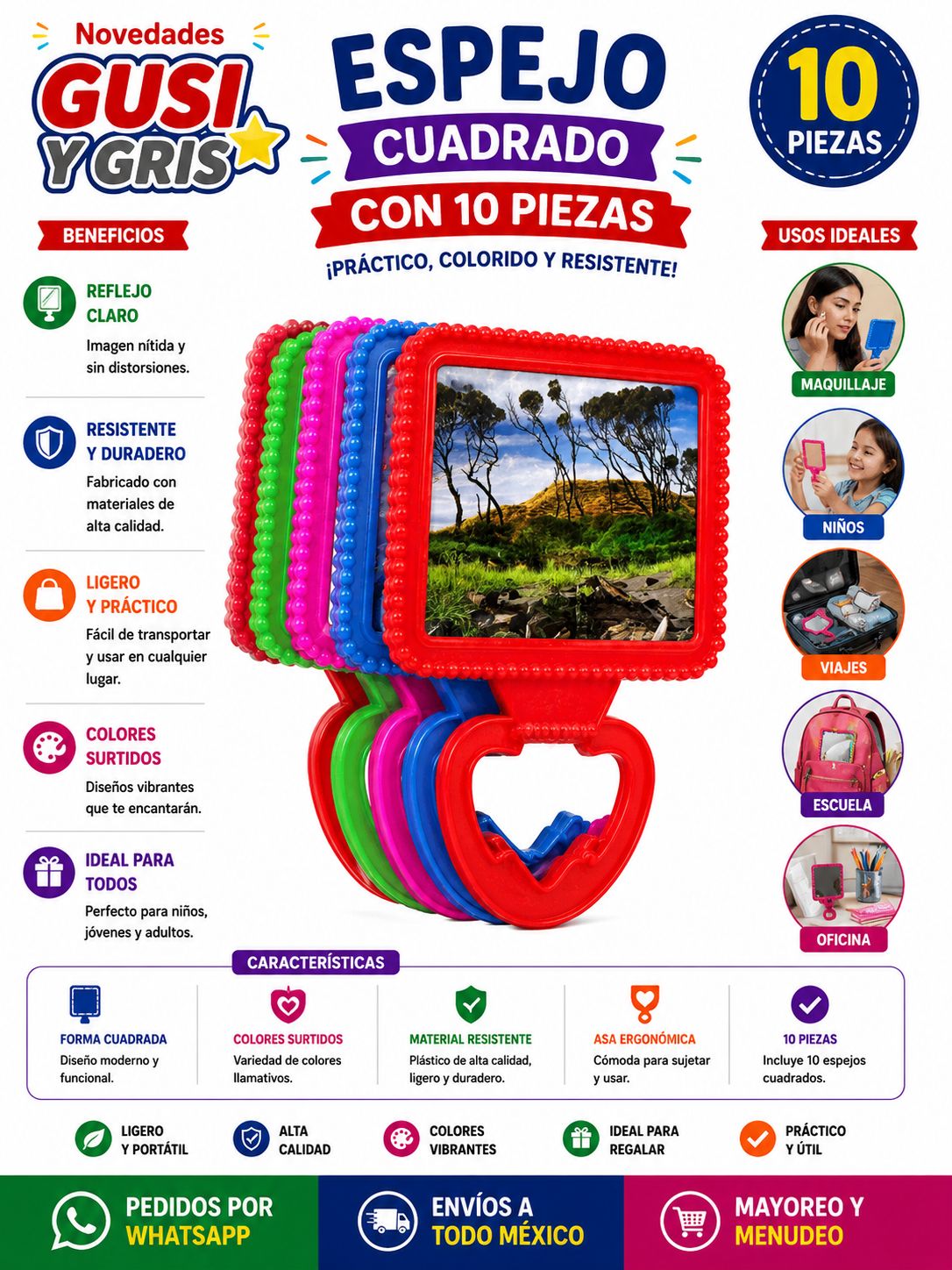 espejo cudrado con 10 pz