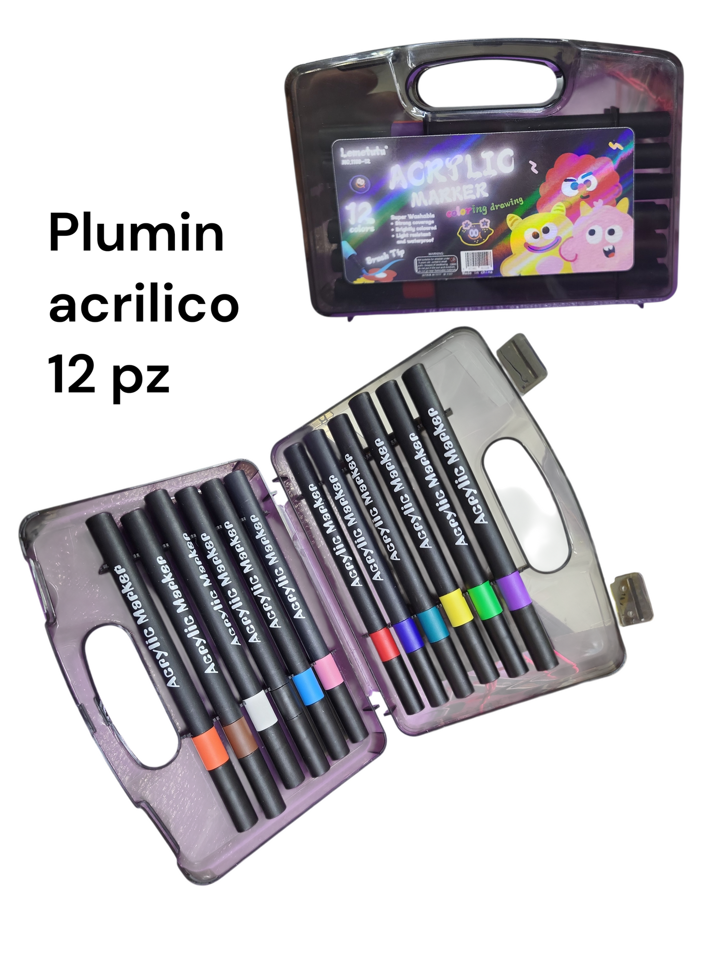 plumin acrilico estuche negro con 12