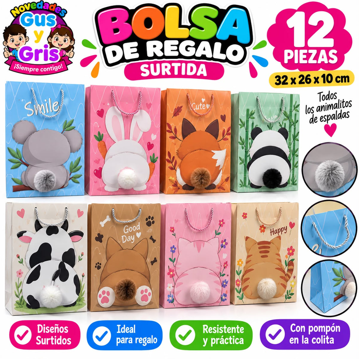 bolsa regalo animales ponpon grande con 12  te-0532f-103