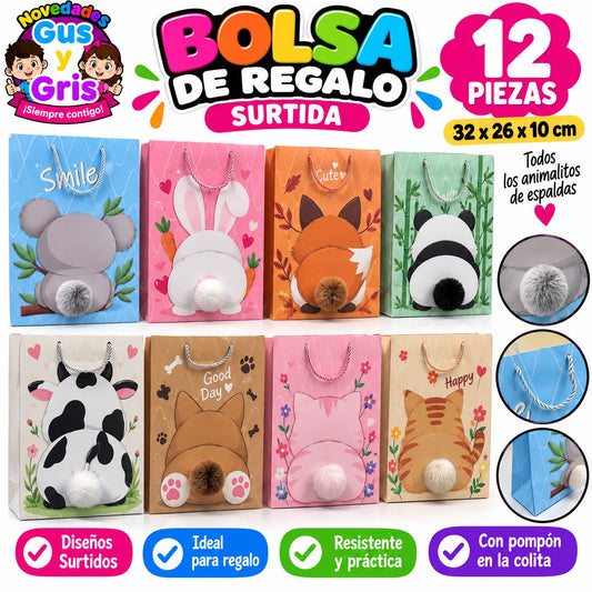 bolsa regalo animales ponpon grande con 12  te-0532f-103