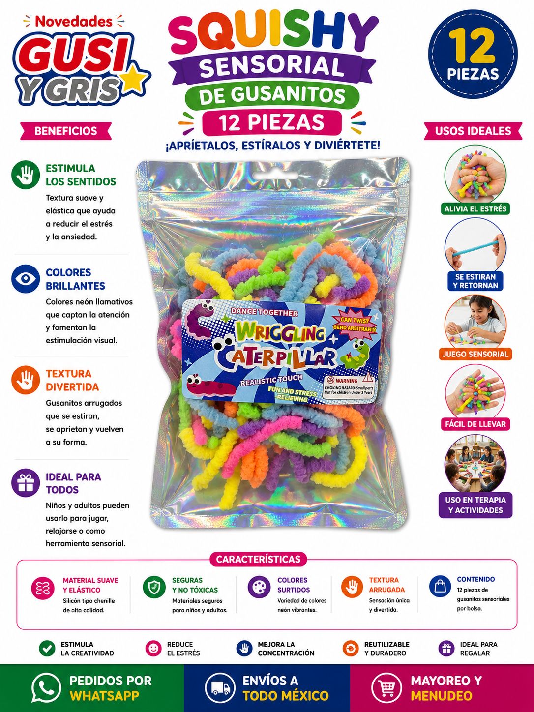 Squishy gusanos sensorial con 12 piezas chico