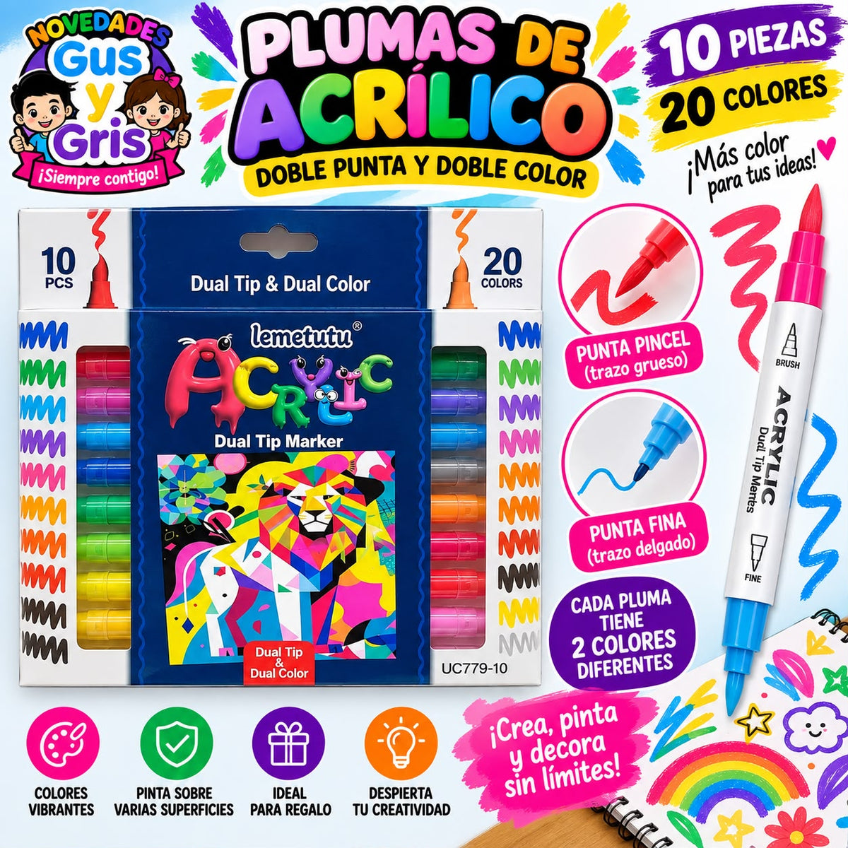 plumin acrilico cajita con 10 doble punta uc779-10