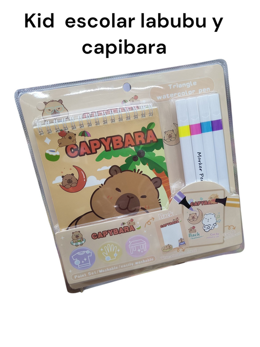 Kit estuche libreta plumines capibara y labubu