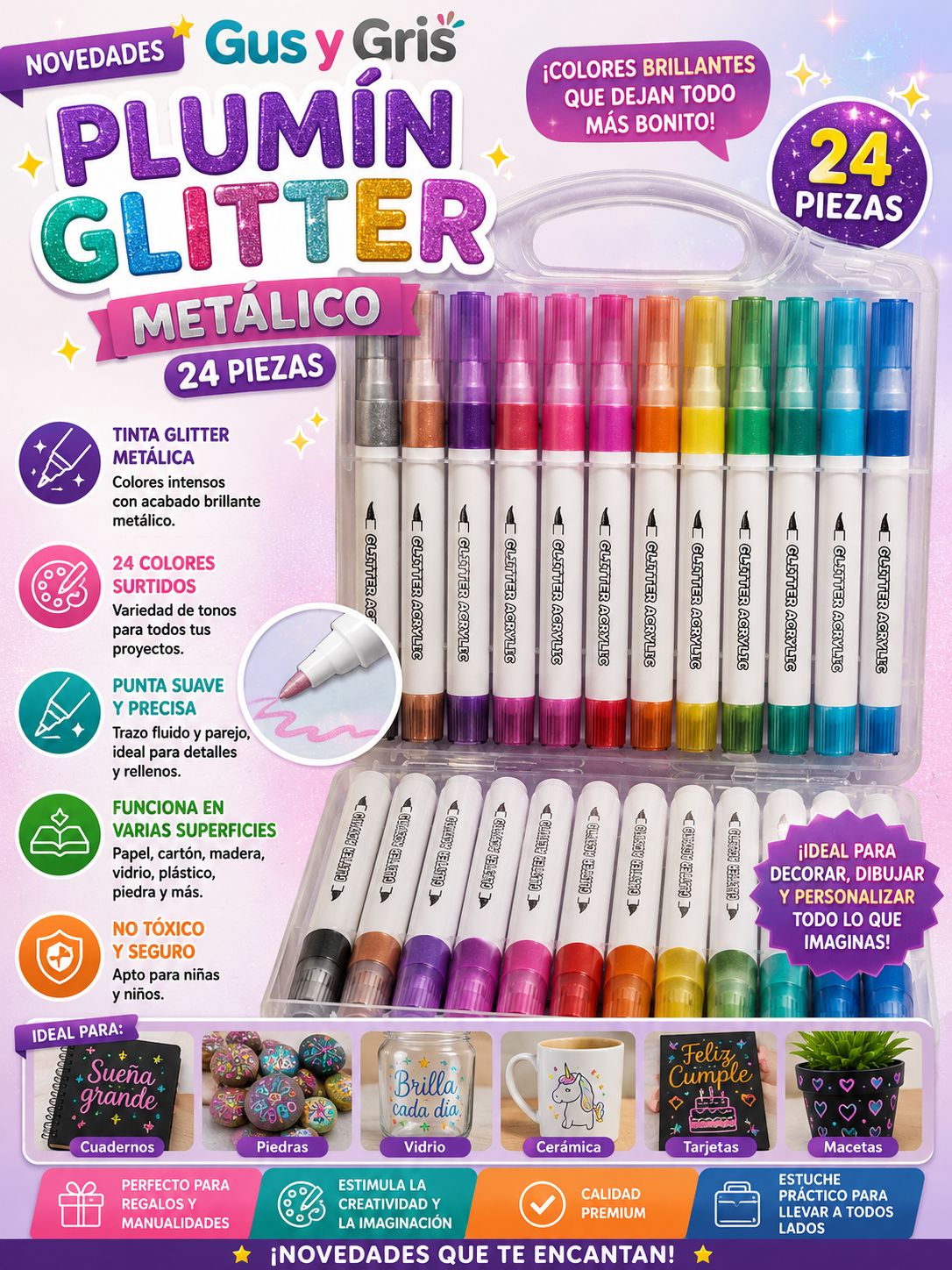 plumin gliter metalico estuche con 24